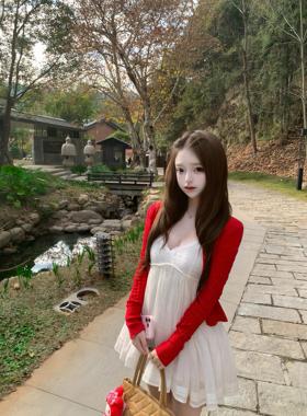帆帆困了zZ「纯白恋结」清纯古早日系红开衫v领吊带连衣裙两件套