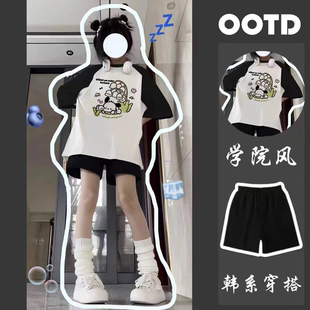 學(xué)院休閑五分短褲 純棉卡通帕恰狗T恤短袖 套裝 女童夏季 大童兩件套