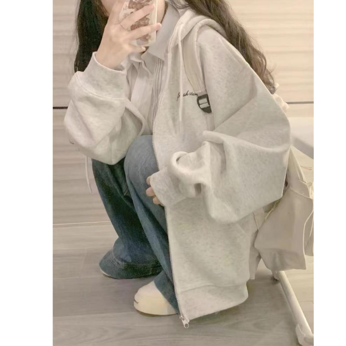 中大童灰色运动外套女童卫衣春秋冬韩系拉链连帽oversize开衫上衣