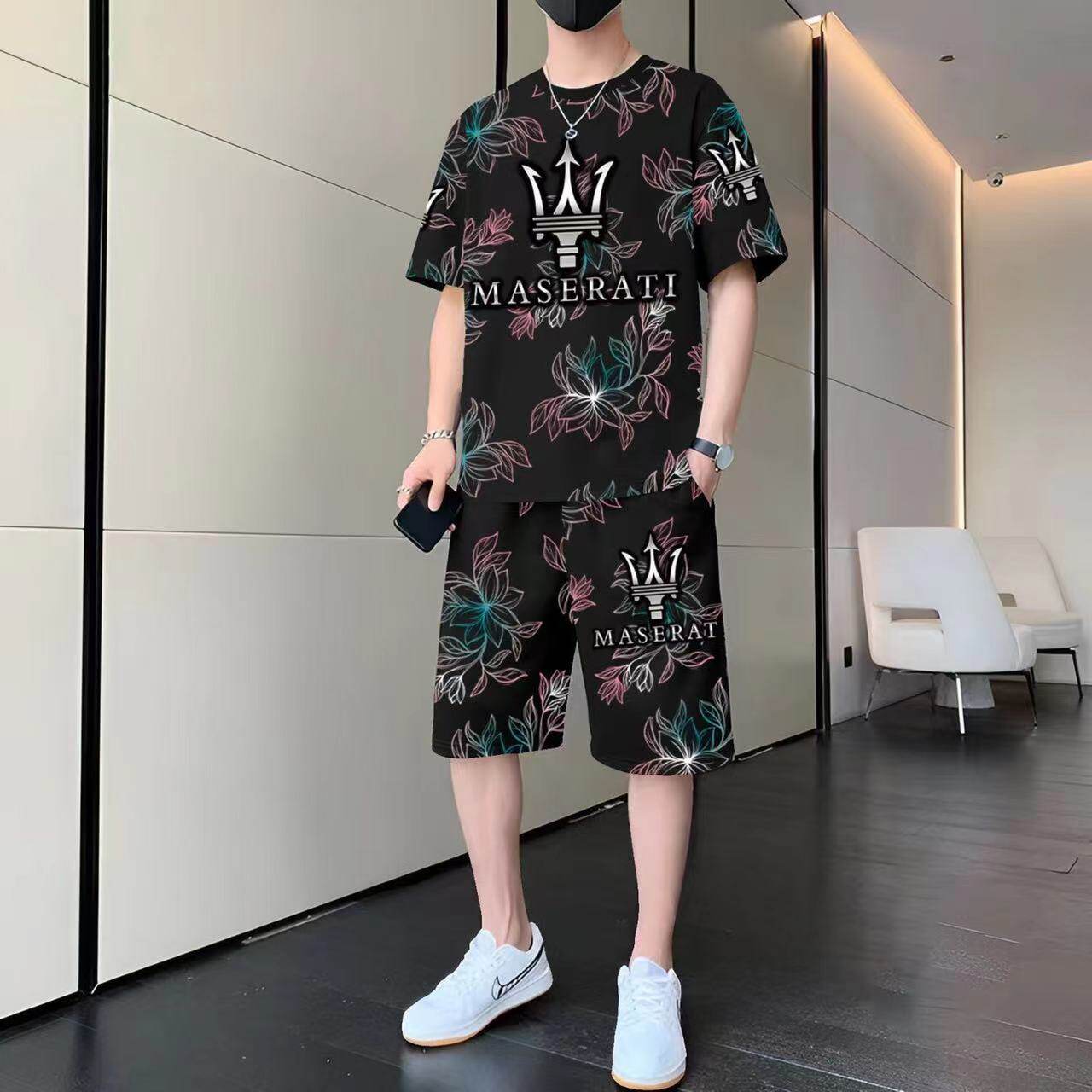 夏季新款男士冰丝休闲套装潮牌印花短袖短裤中青年运动穿搭两件套