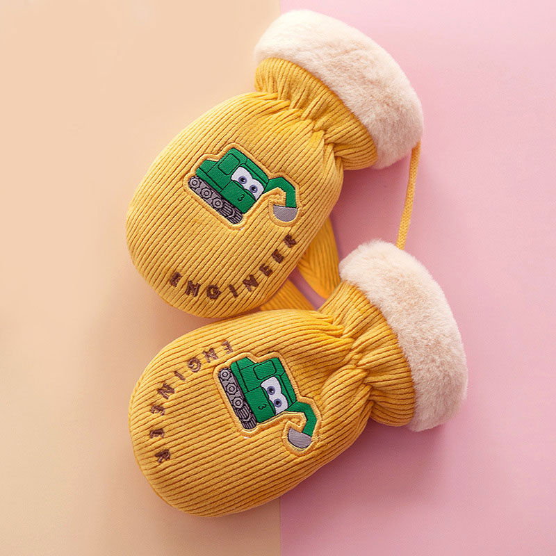 卡通萌男宝宝手套儿童女童冬季玩雪加绒棉加厚防风挂脖挖掘机可爱