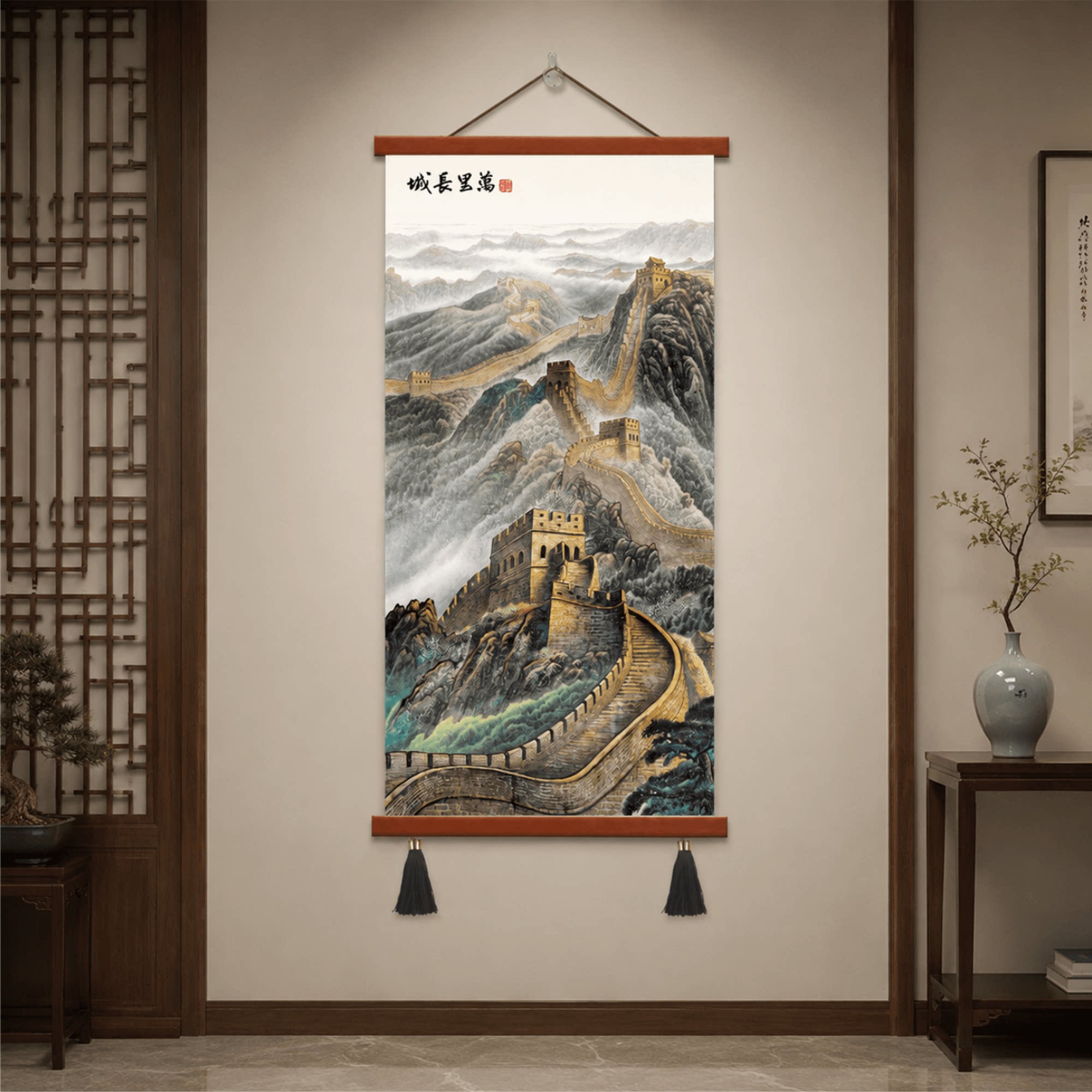 新中式万里长城山水图玄关走廊过道客厅办公室招财风水装饰壁画
