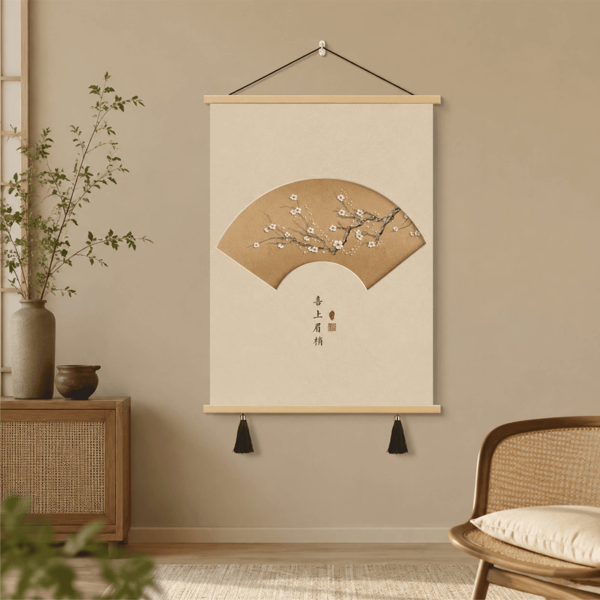 轻奢新中式喜上眉梢扇形梅花装饰画客厅玄关餐厅墙面挂画