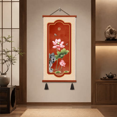 新中式荷花玄关的装饰画客厅茶室书房走廊过道背景墙轻奢国风挂画