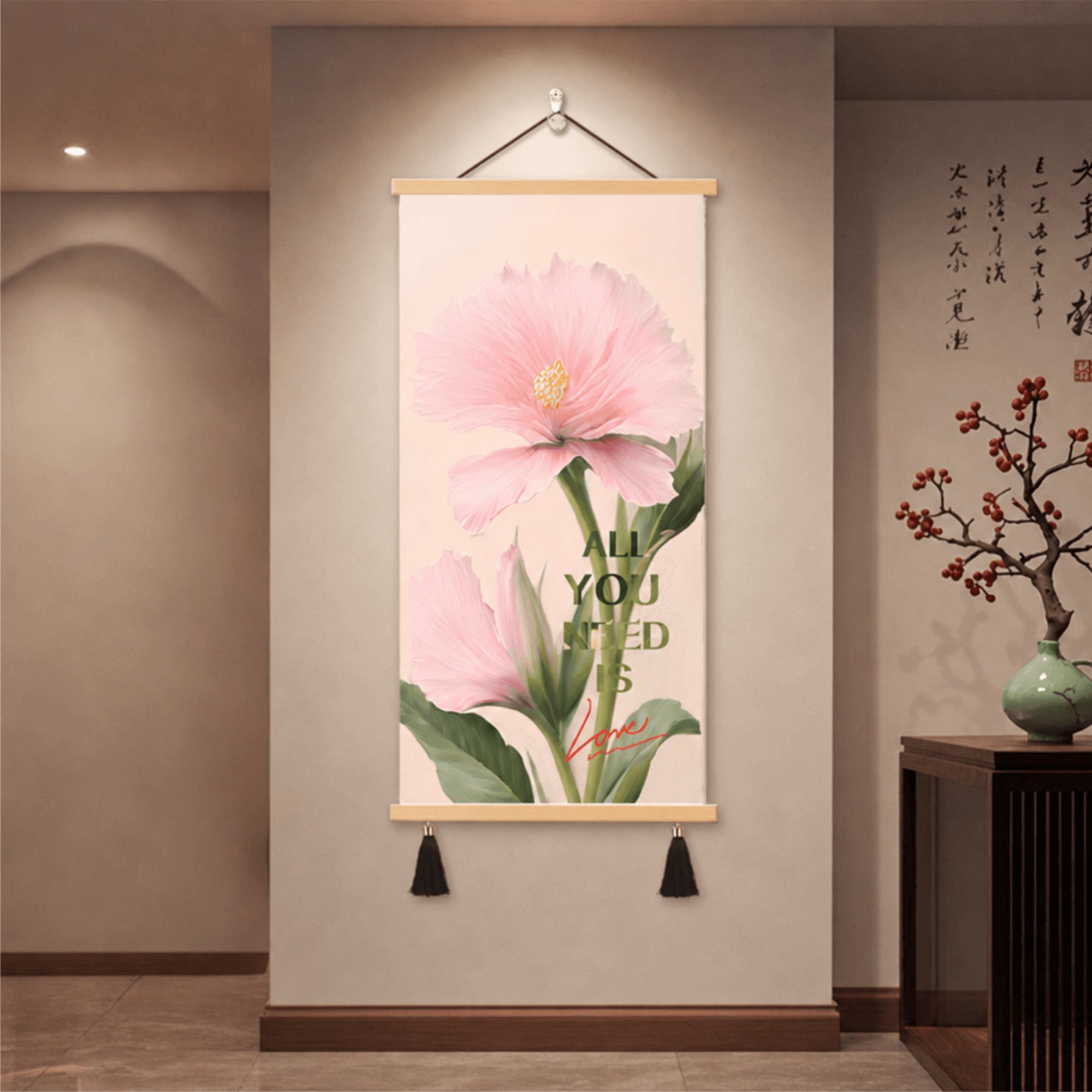 轻奢新中式玄关粉色花卉装饰画客厅走廊过道卧室书房餐厅墙面挂画