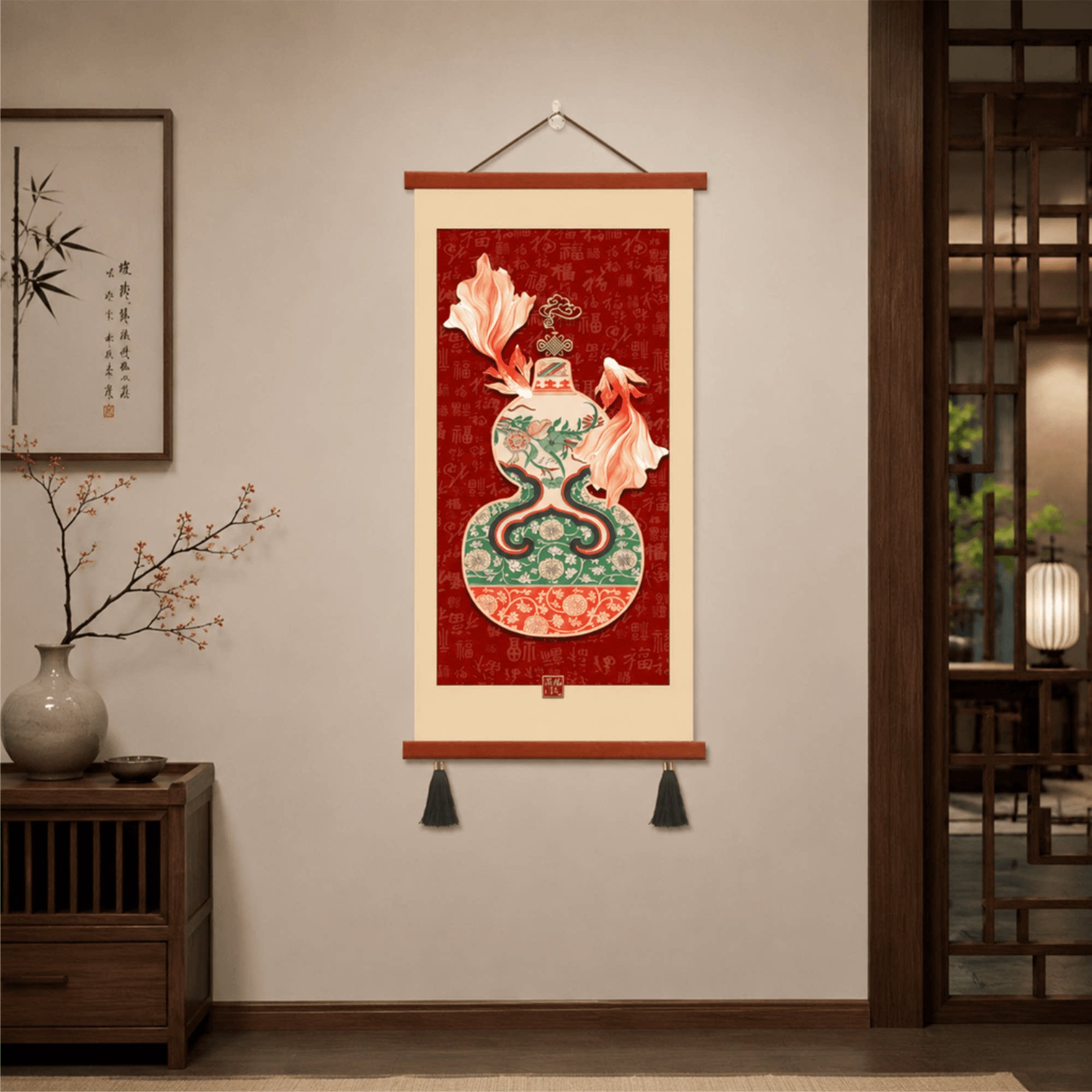 新中式葫芦锦鲤百福玄关挂画客厅走廊过道墙面轻奢招财平安装饰画