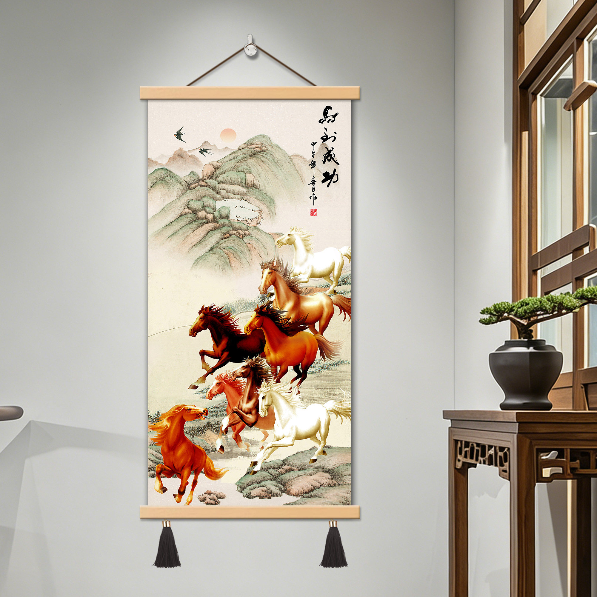 八骏马客厅挂画办公室装饰画马到成功入户玄关壁画万马奔腾八马图图片