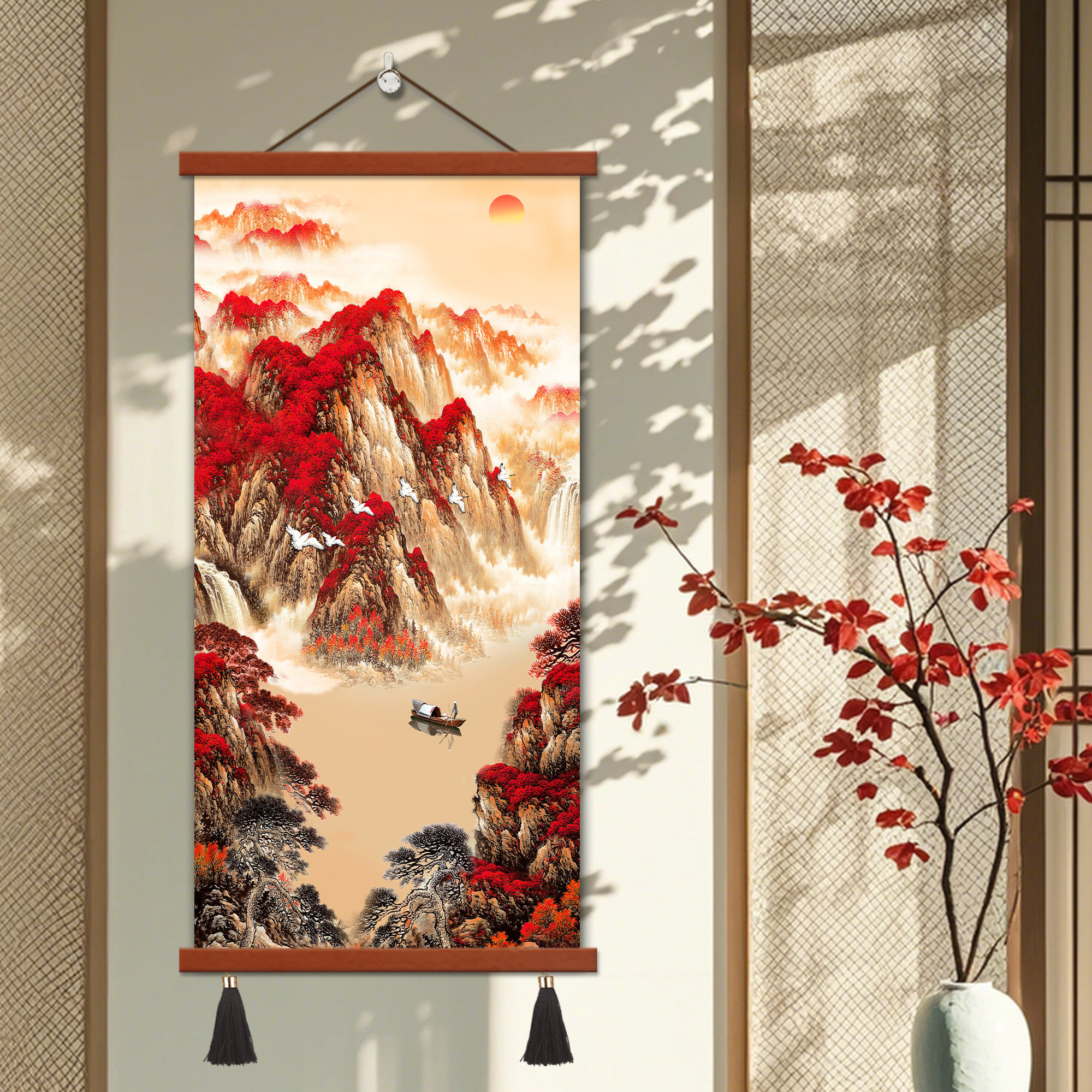中式靠山图泰山日出装饰画入户玄关过道旭日东升挂画招财风水壁画