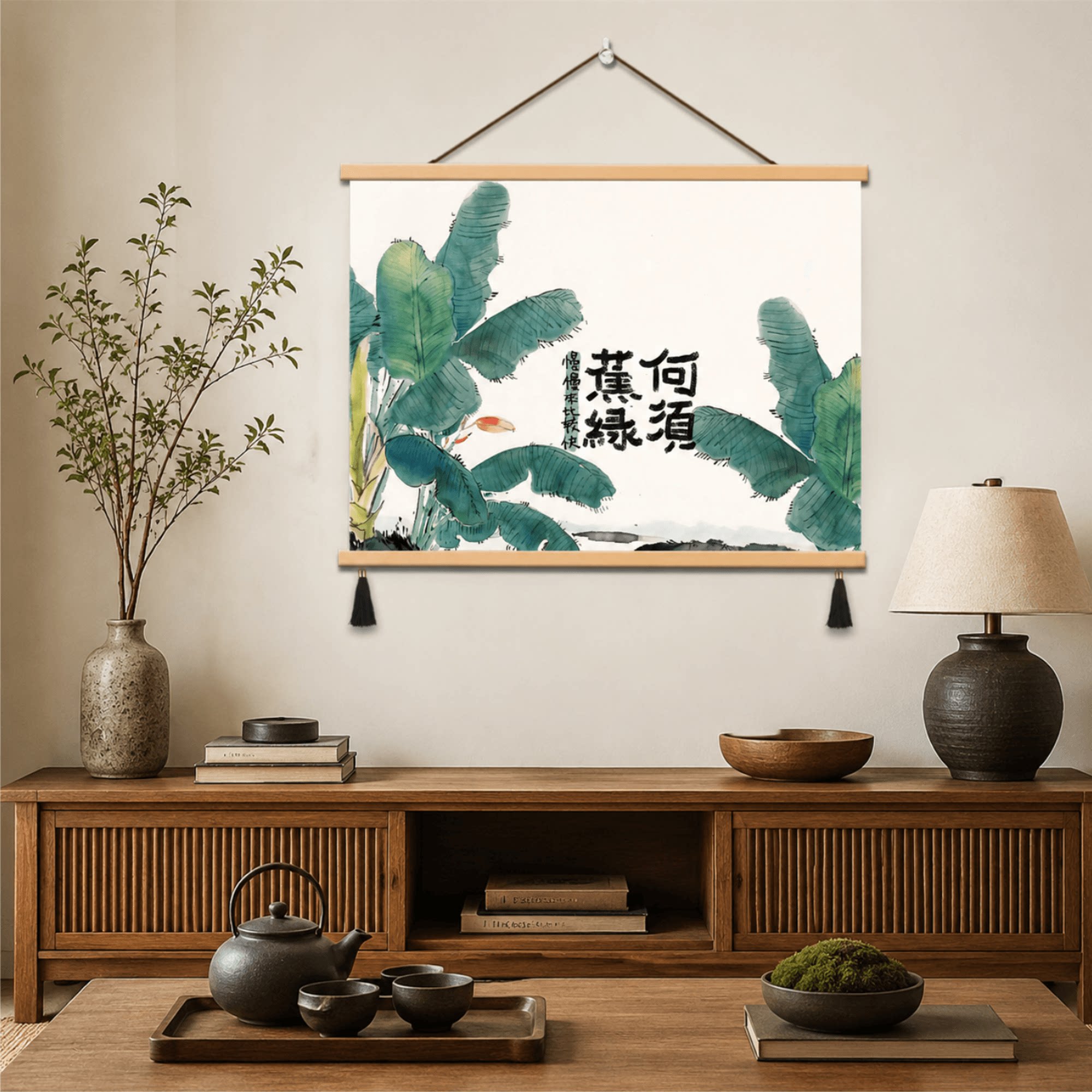 复古风新中式禅意何须蕉绿芭蕉国画客厅玄关茶室背景墙装饰画