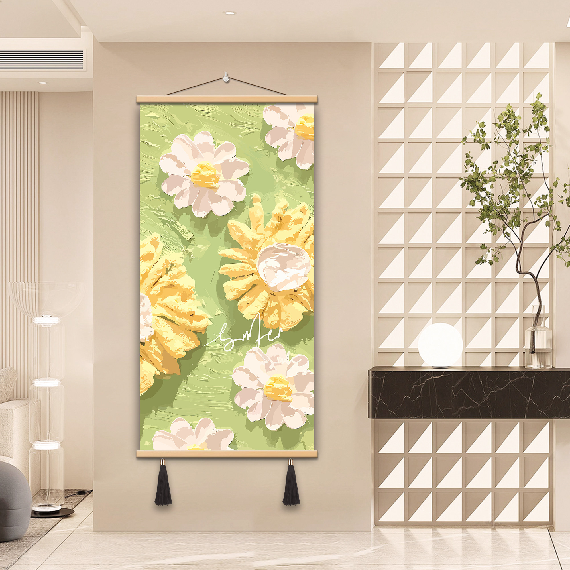 北欧风花卉装饰画客厅悬挂无框油画布可定制流苏挂画
