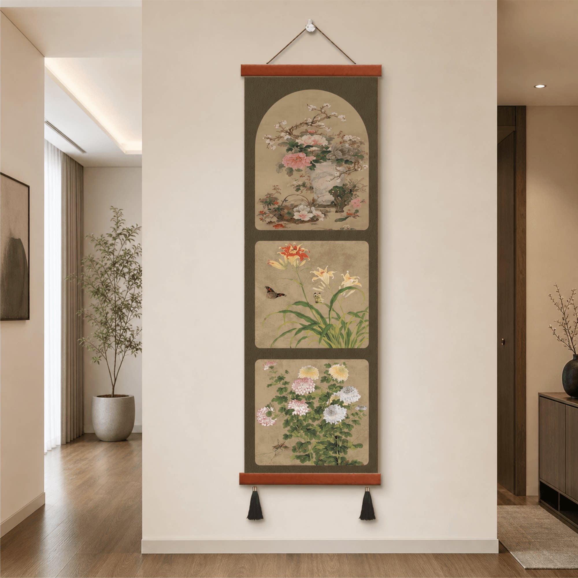 复古国风新中式玄关走廊竖版三联花卉国画装饰挂画客厅墙面装饰画