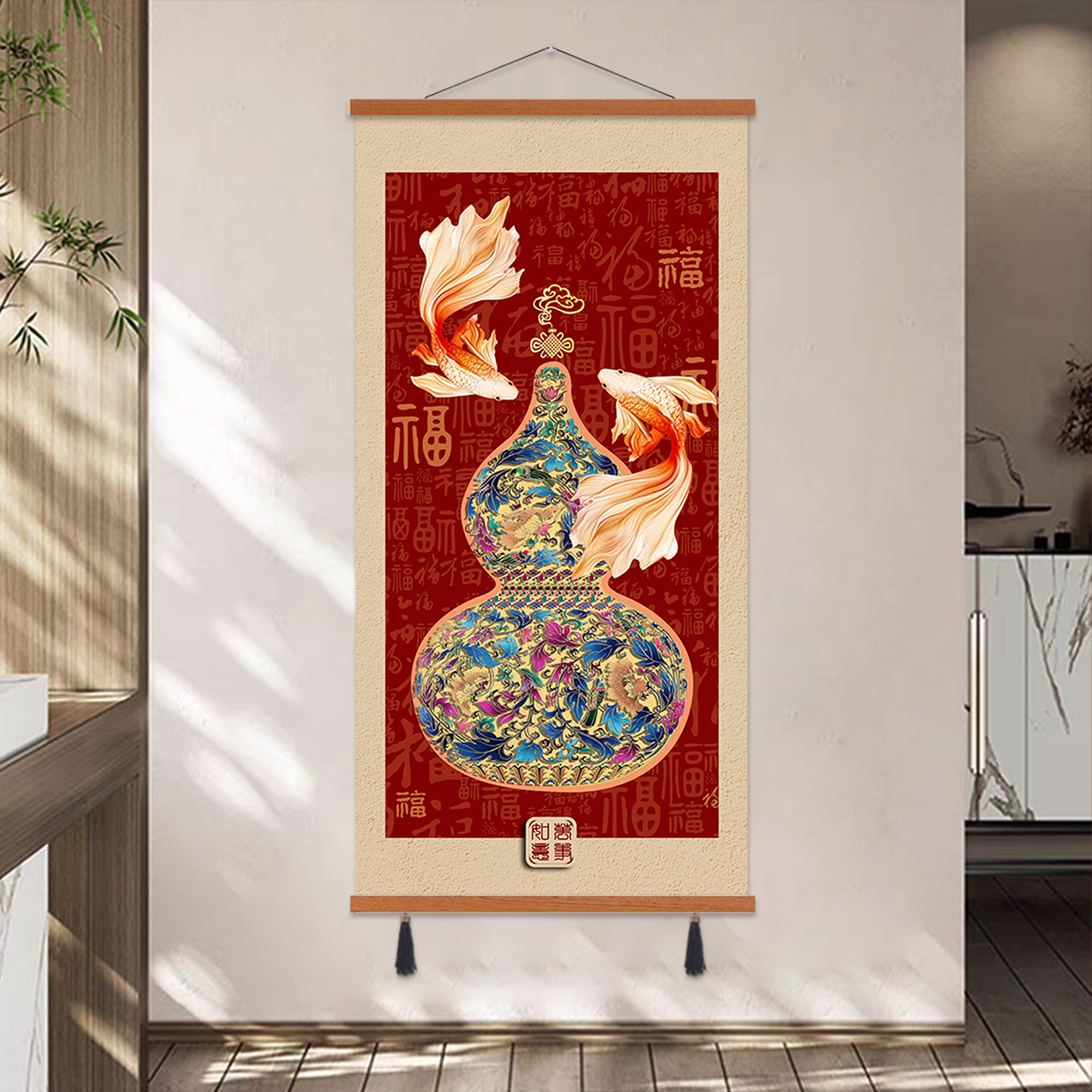 新中式葫芦入户玄关画福禄呈祥客厅沙发背景墙装饰画百福图壁画