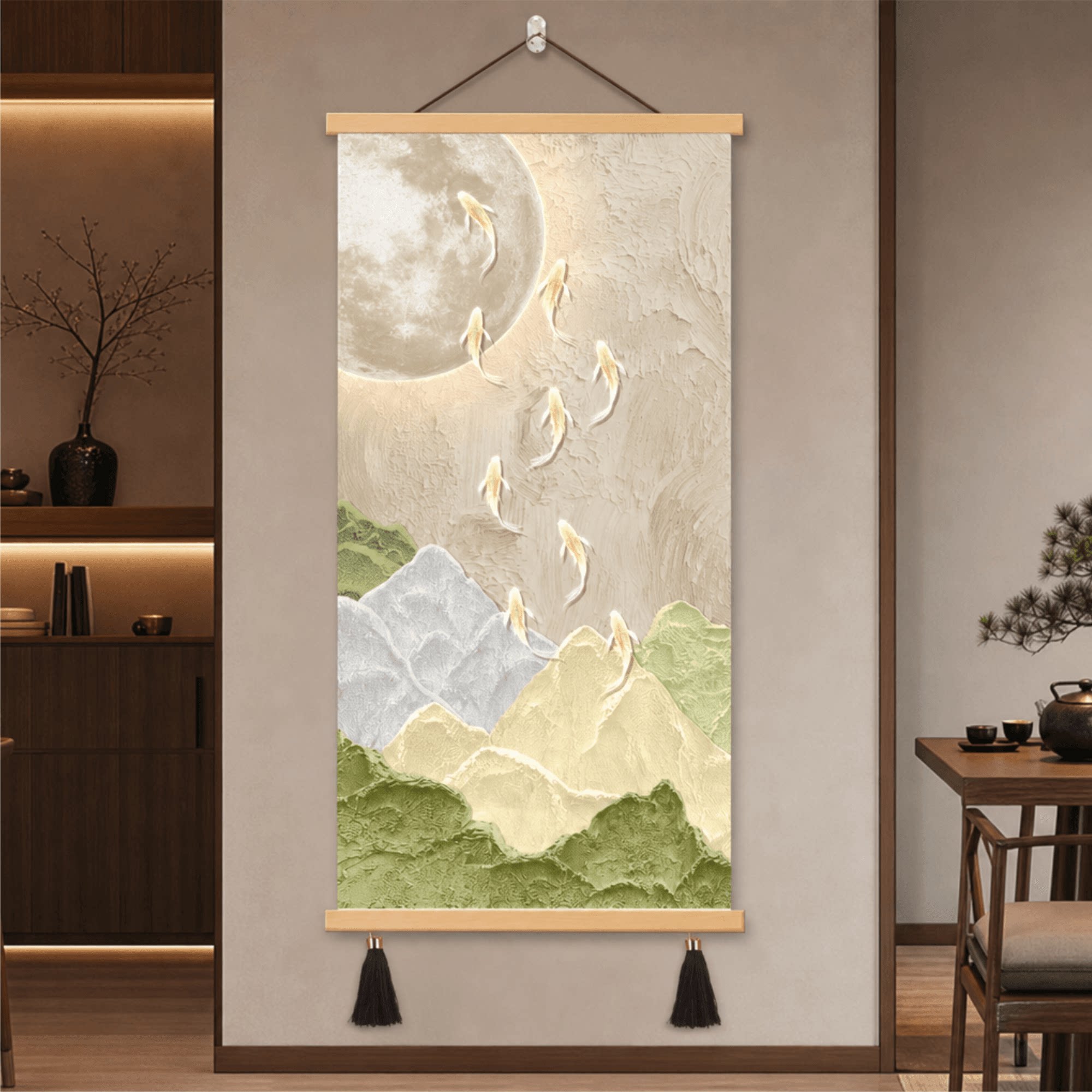 轻奢奶油风九鱼聚财山水玄关装饰画客厅走廊竖版高级感新中式壁画