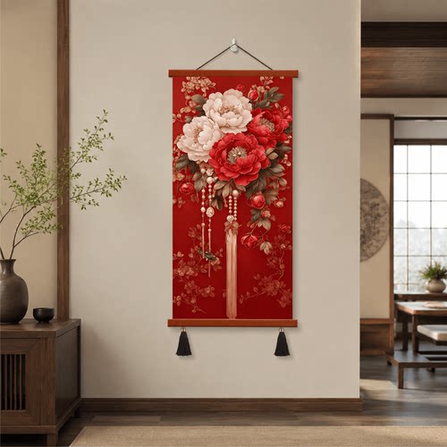 新中式客厅玄关红牡丹花开富贵轻奢国风家居过道墙面壁画装饰挂画