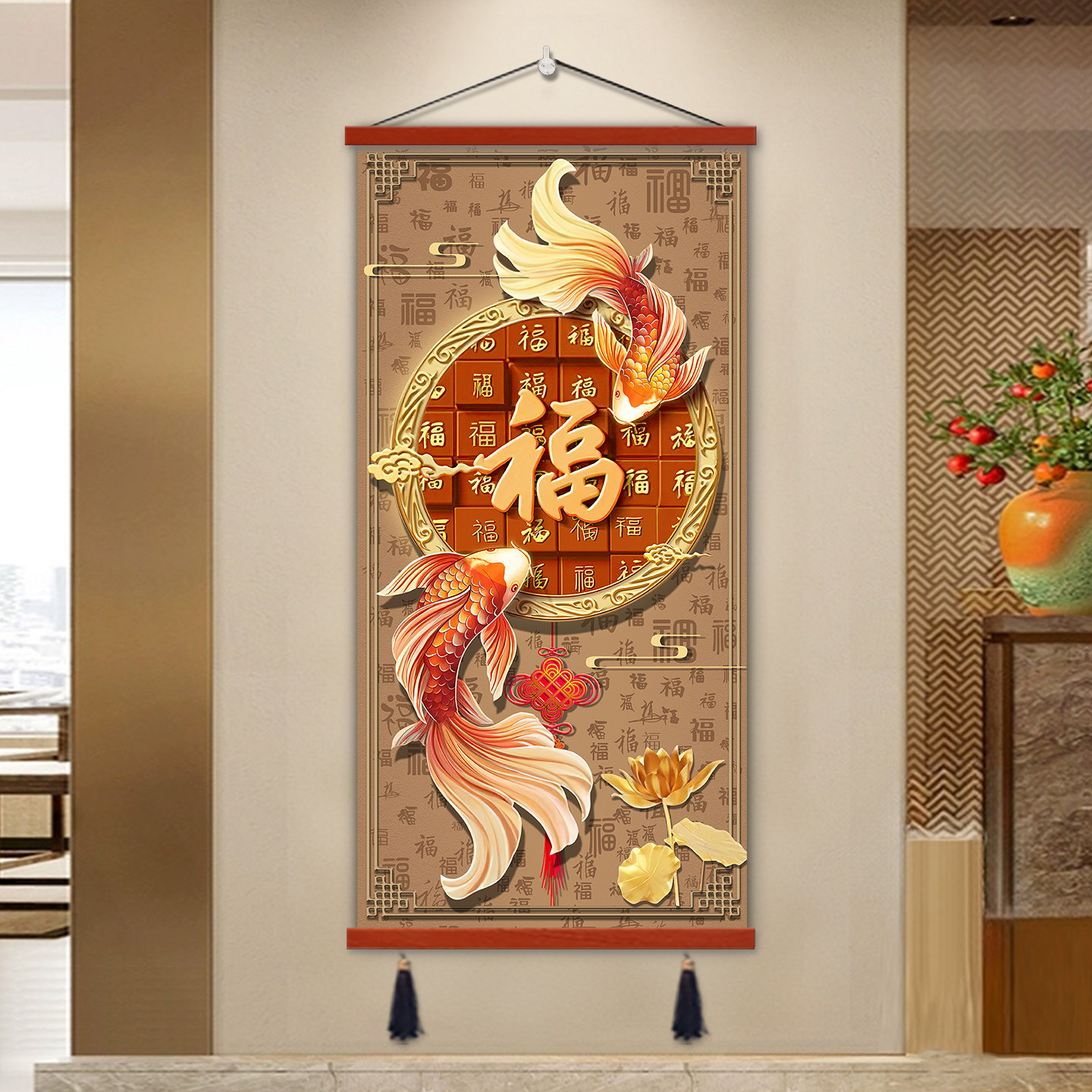 入户正对门玄关装饰画锦鲤葫芦天官赐福壁画中式走廊过道福禄挂画图片