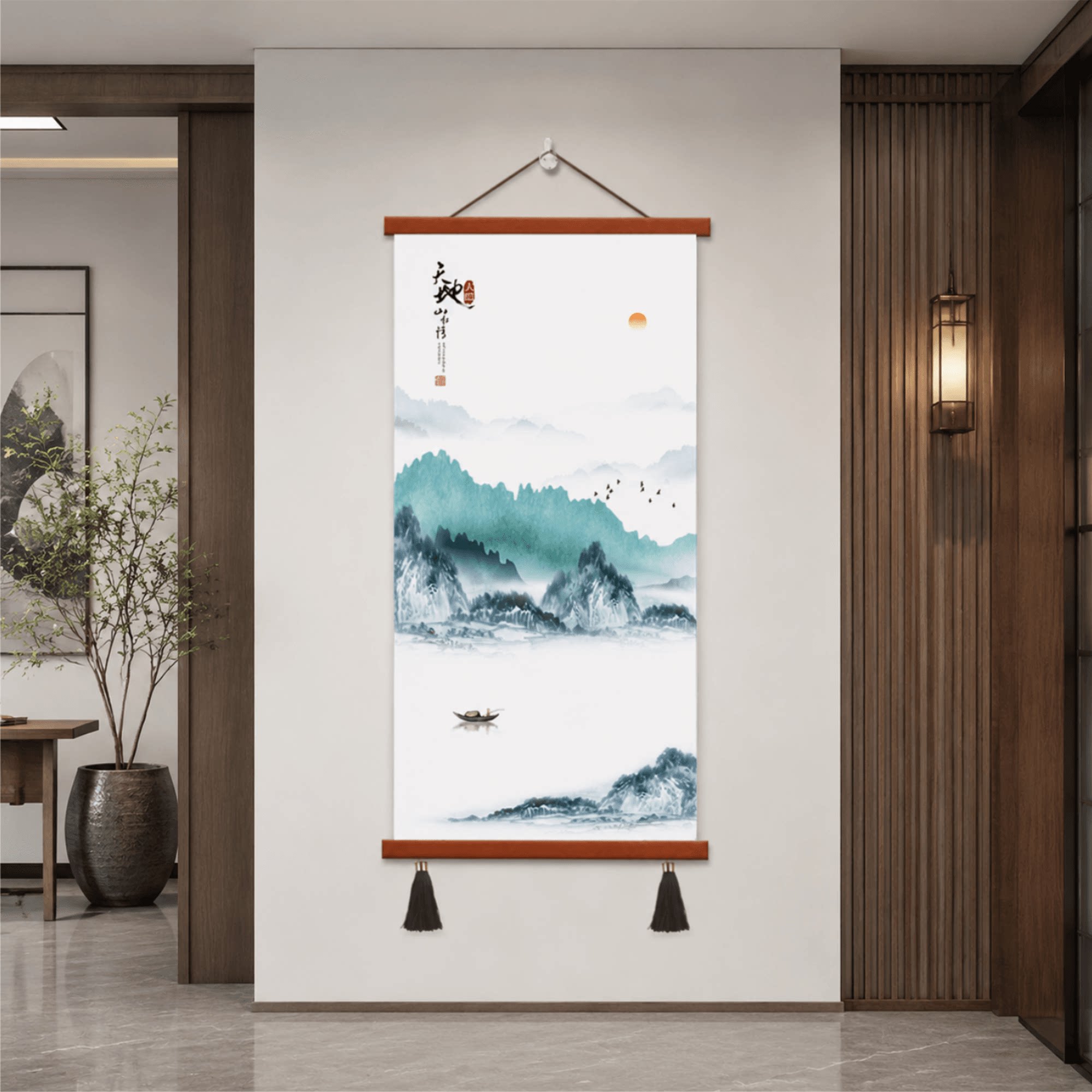 新中式轻奢大气现代简约玄关水墨山水画客厅走廊竖版禅意挂画