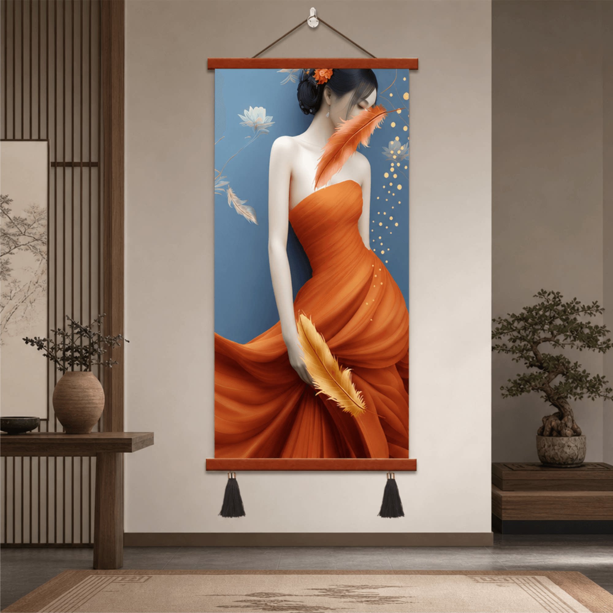 新中式轻奢风高级精品羽毛美女玄关客厅走廊过道卧室墙面装饰挂画