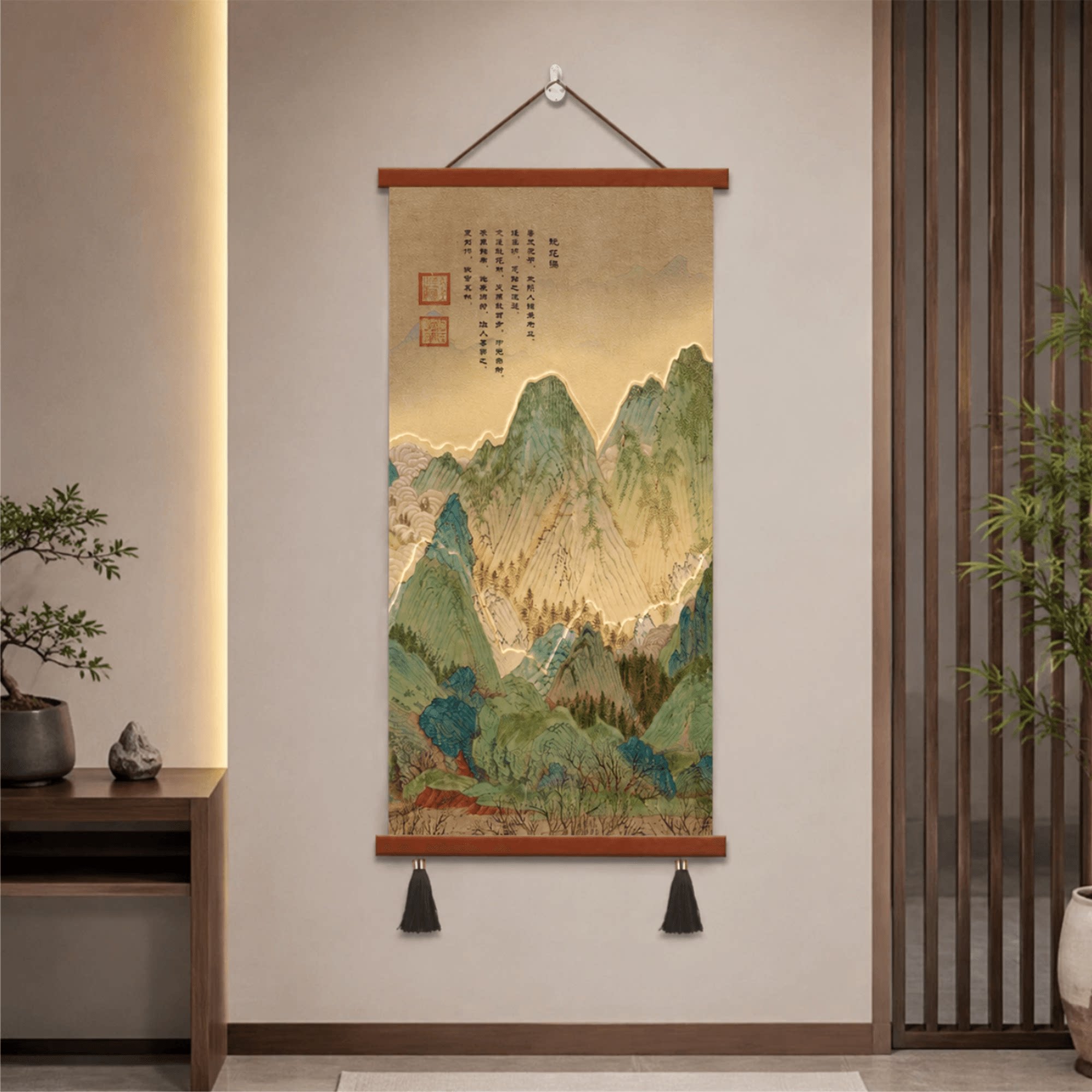 新中式青绿山水玄关挂画入户过道走廊客厅书房竖版禅意装饰壁画