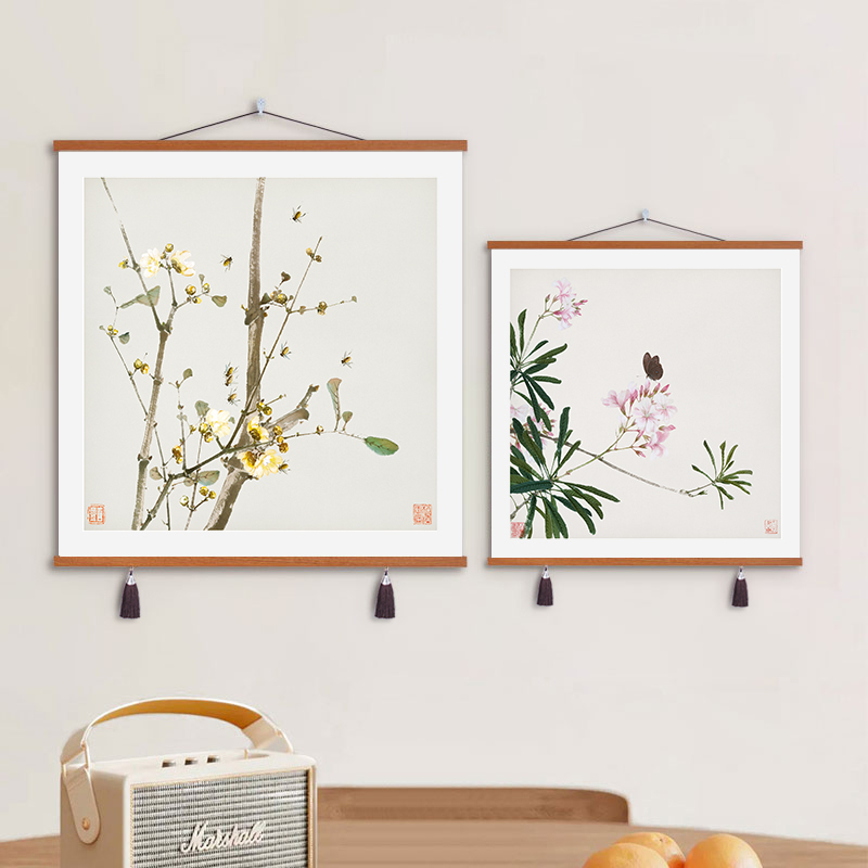 新中式植物花卉客厅装饰画书房走廊过道中国风挂画茶室布艺画挂布图片