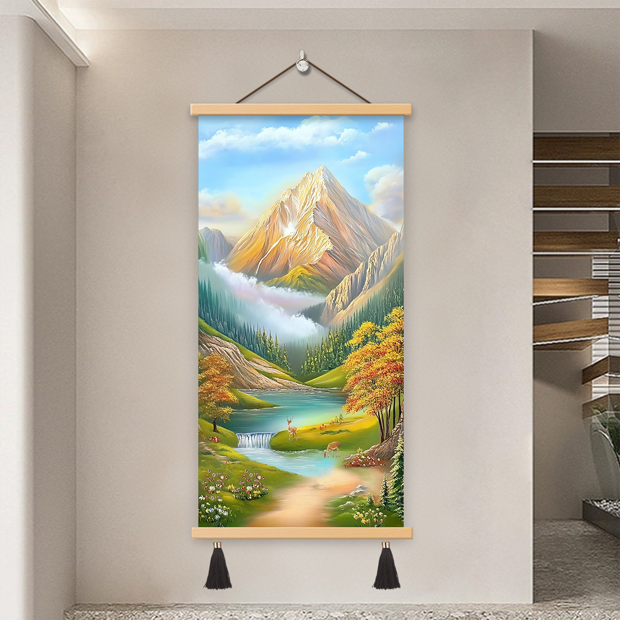 手绘油画风景山水金山聚宝盆玄关装饰画走廊过道挂画竖版轻奢壁画