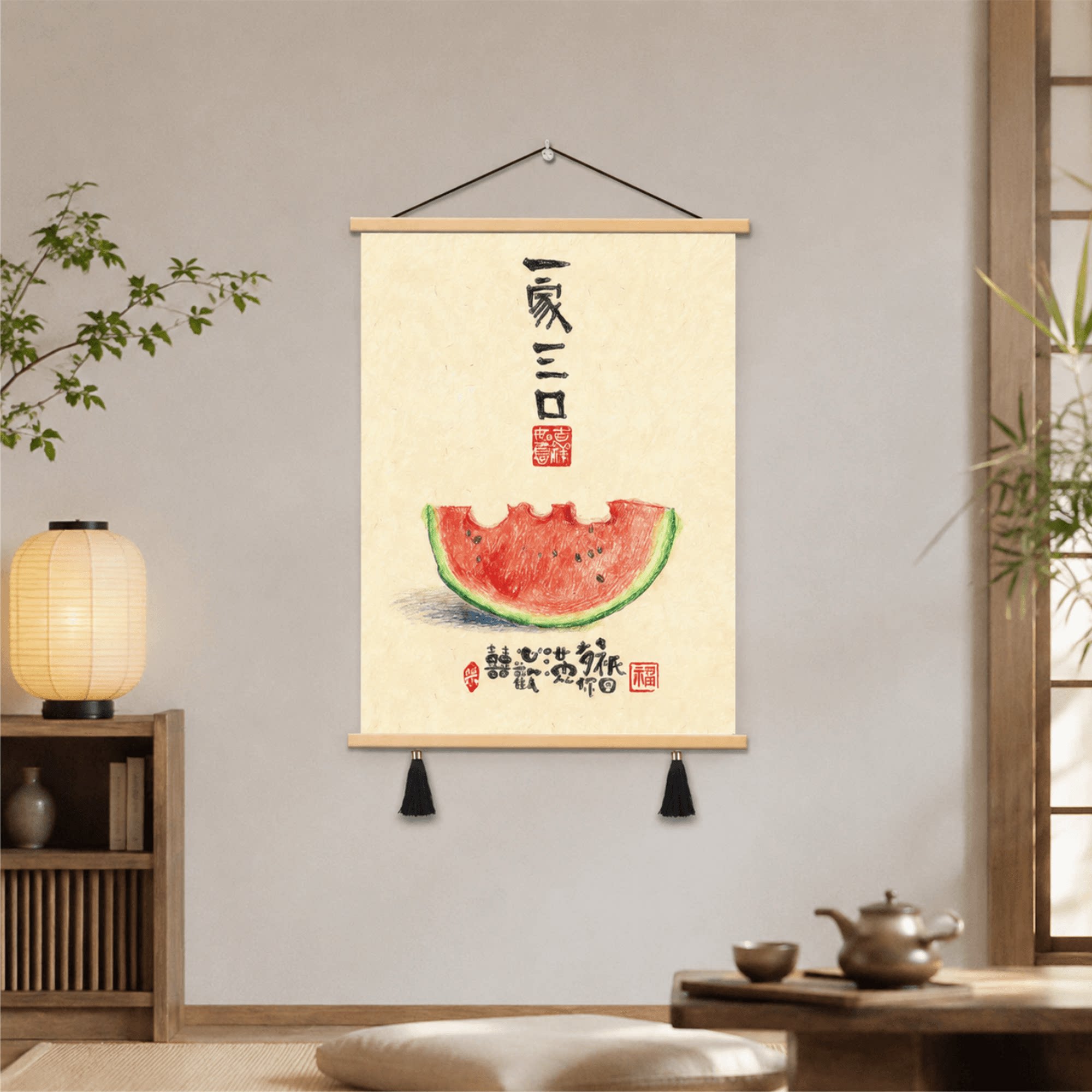 新中式轻奢国风一家三口西瓜书法挂画餐厅玄关卧室家用墙面装饰画