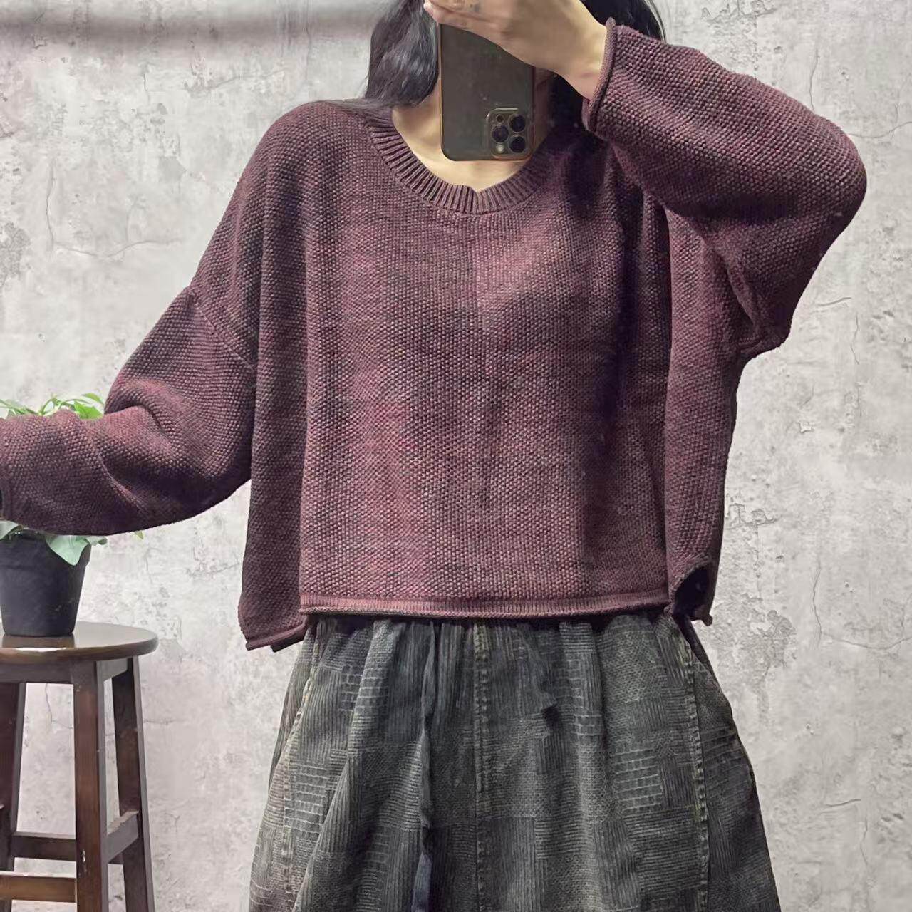 秋季新款复古新中式砂洗做旧炒色针织衫宽松大码休闲套头毛衣女潮