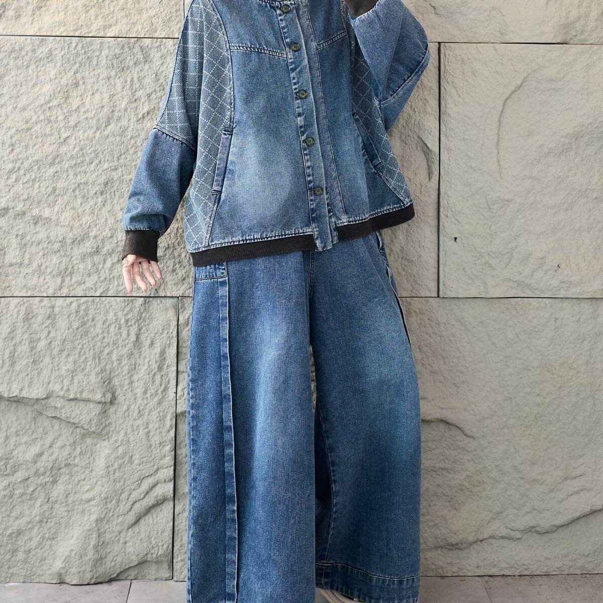 2026新春女复古炒色立领印花蝙蝠袖外套宽松休闲阔腿裤牛仔两件套