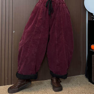 新款 休闲棉裤 复古新中式 宽松大码 女 做旧灯芯绒拼接夹棉老爹裤 冬季