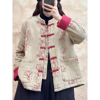 冬季新款覆古新中式印花盘扣加棉外套宽松休闲国风文艺棉衣棉服女