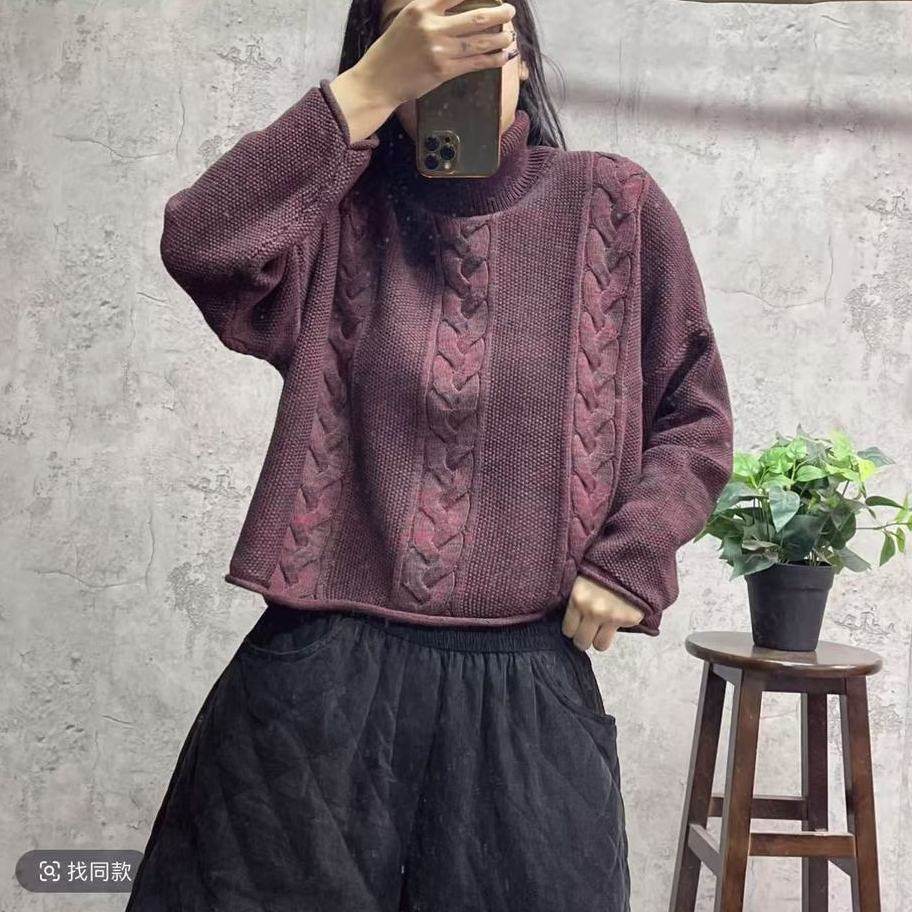 原创出品冬季新款复古色织麻花高领毛衣女宽松百搭加厚短款针织衫,女装/女士精品,毛衣,淘宝优惠券,粉丝福利购,淘宝优惠卷
