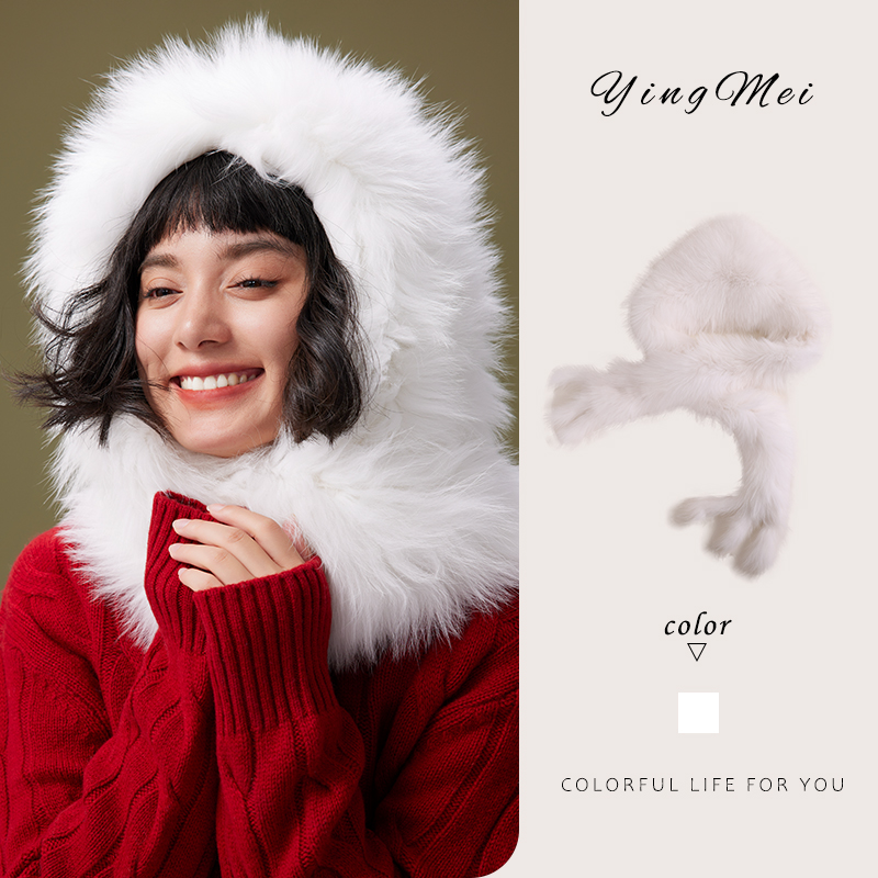 盈妹狐狸毛围巾帽子一体雷锋帽女