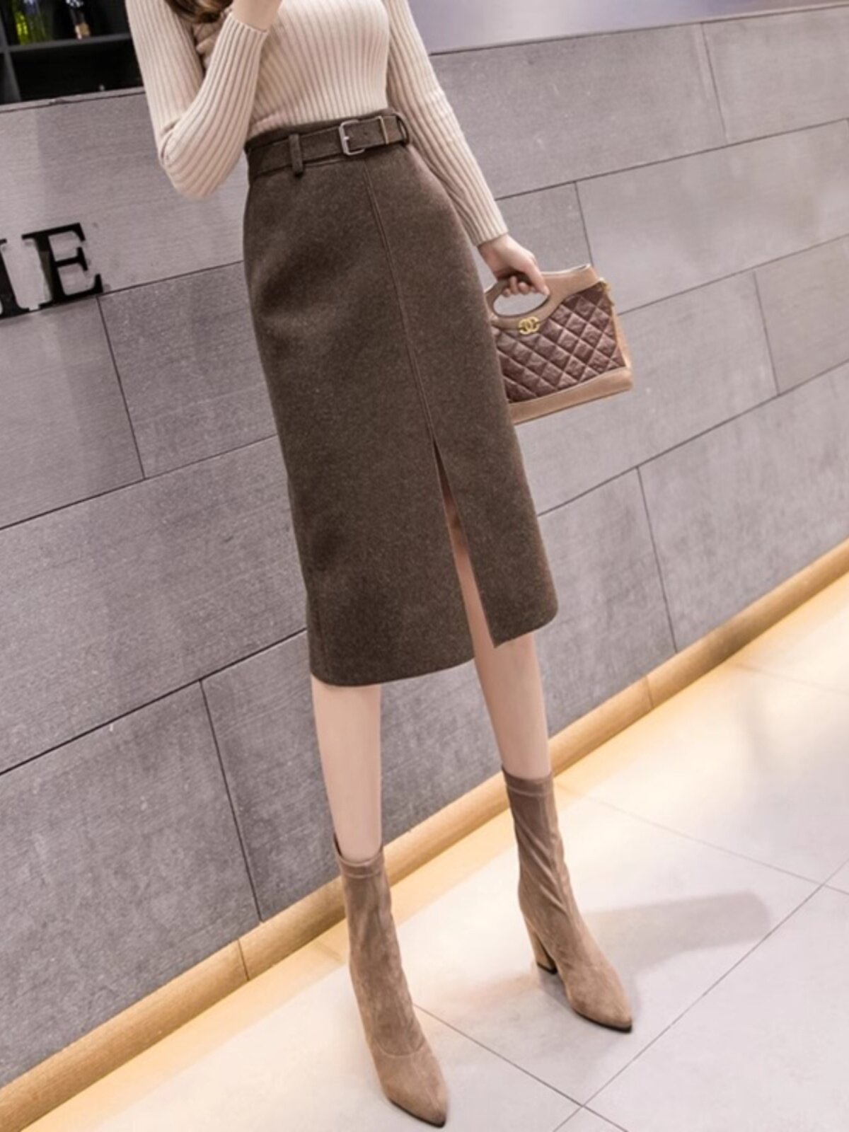 高级感毛呢冬裙小个子开叉半身裙加厚春秋高腰2025新款一步包臀裙