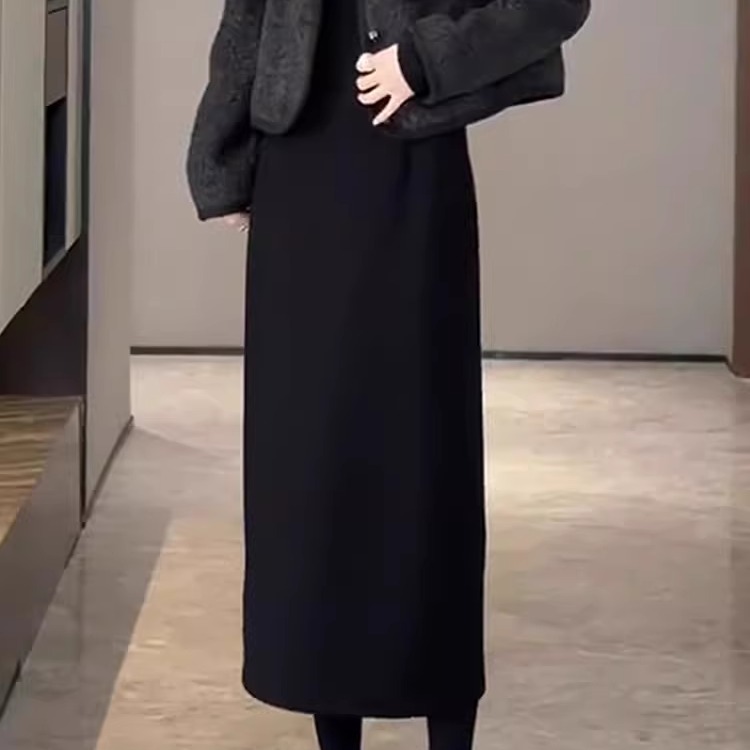 黑色毛呢包臂半身裙女春季2025新款修身显瘦加厚中长版a字直筒裙