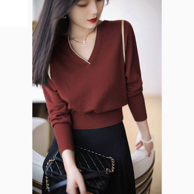 V领打底衫女针织毛衣春秋2025新款洋派红色小衫收腰减龄时尚上衣