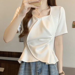 T恤上衣女 设计感法式 方领收腰洋气小衫 夏季 不规则遮肚子显瘦短袖