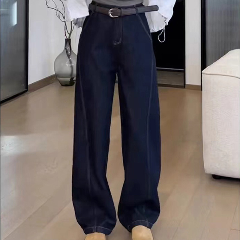 深蓝色窄版阔腿牛仔裤女2025新款春秋小个子高腰宽松弯刀直筒长裤