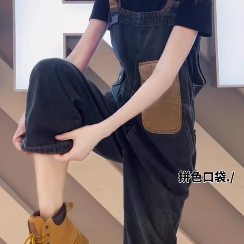 宽松阔腿牛仔背带裤女2025春装新款小个子显瘦吊带直筒连衣牛仔裤