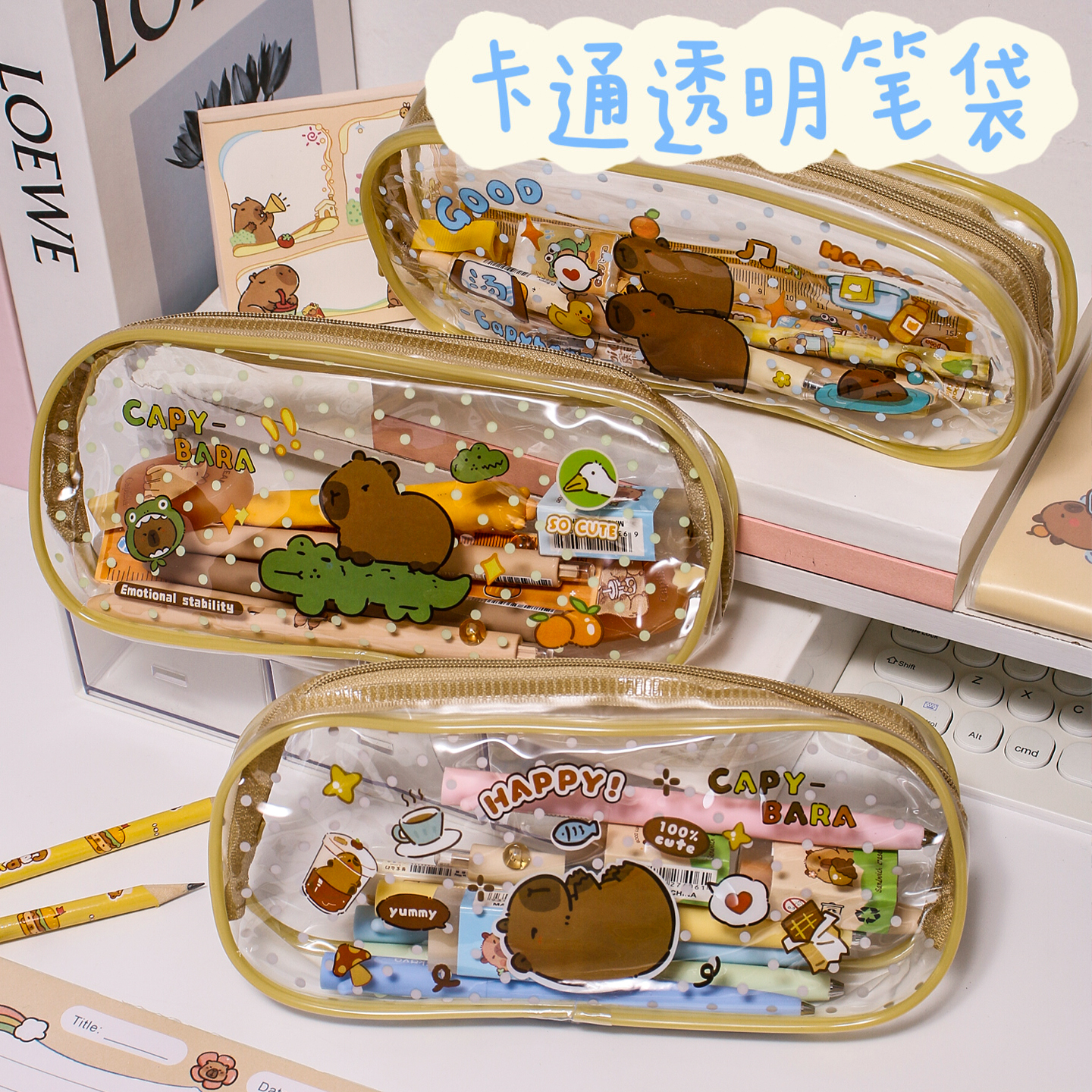 透明卡皮巴拉笔袋单层中号印花