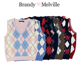 Brandy 纯棉休闲美式学院风V领菱形格针织背心bm格子马甲上衣女潮