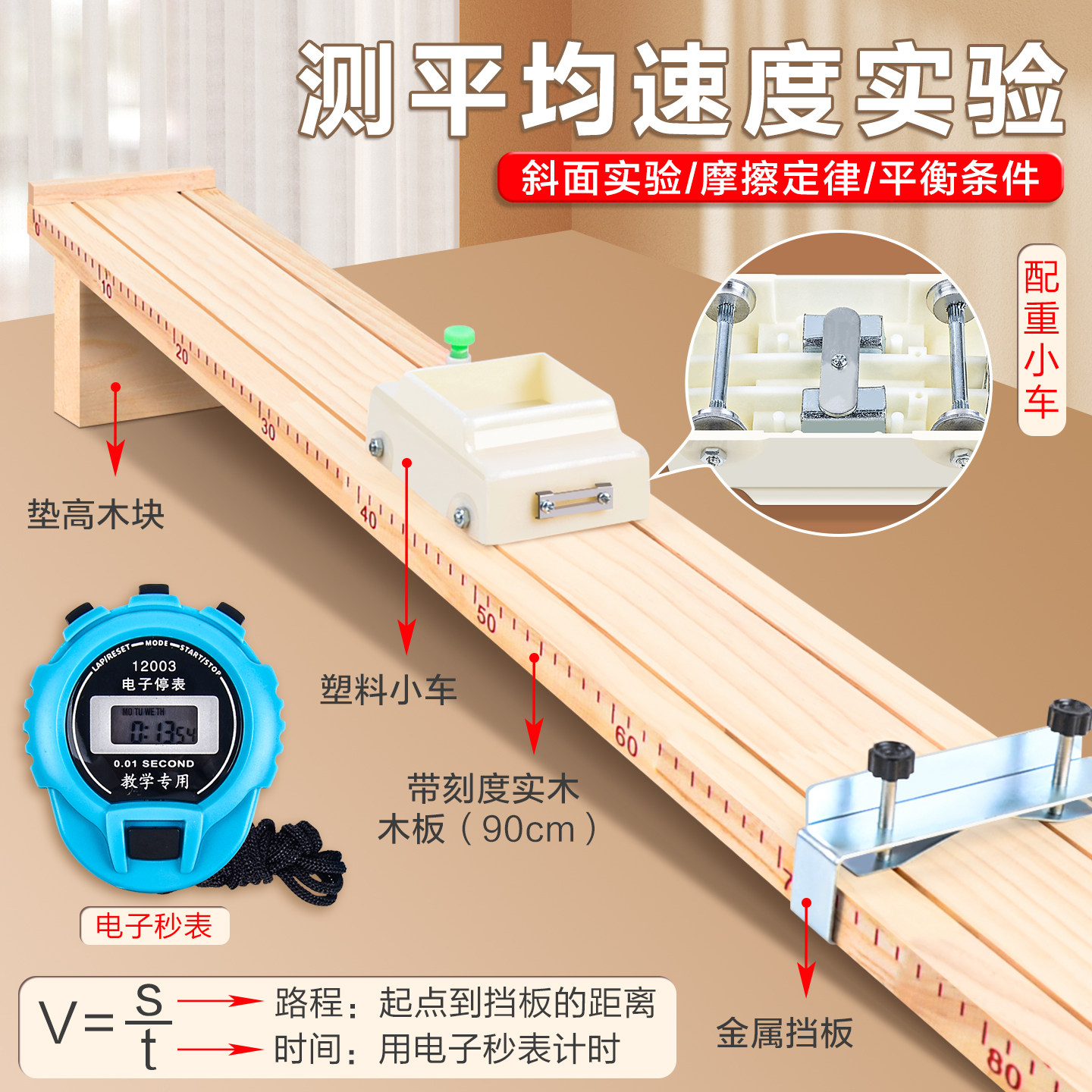 测量平均速度实验套装斜面小车长木板木块学生秒表二力平衡力学初中物