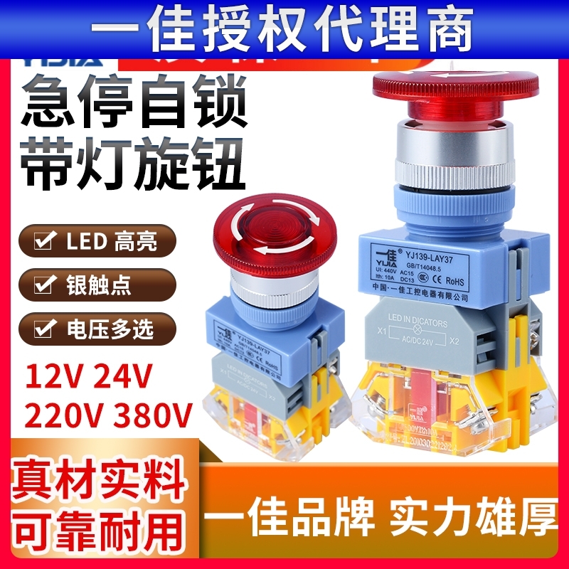 蘑菇头急停开关紧急停止LAY37自锁Y090-11ZSD电源带灯12V 24 220V