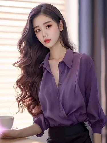 Летняя модная шифоновая сиреневая рубашка, яркий броский стиль, 2025 года, французский стиль, изысканный стиль, в западном стиле, свободный крой