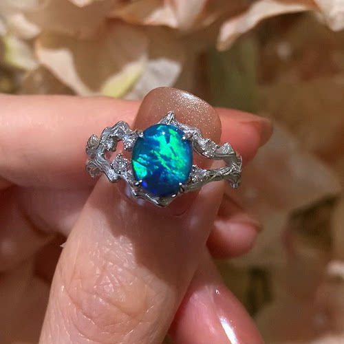 定制费参考(不含石)｜澳洲天然黑欧泊戒指18k树纹戒指天然钻镶嵌