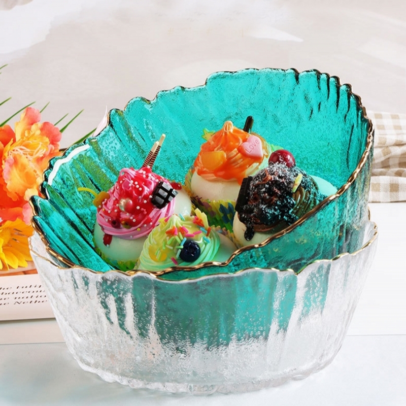 创意日式金边彩色玻璃碗冰川碗锤纹沙拉碗树皮纹蔬菜水果甜品碗 餐饮具 碗 原图主图