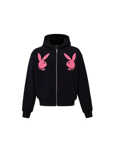 GOODBRAND x PLAYBOY 25FW黑粉植绒logo开衫卫衣套装 男女同款