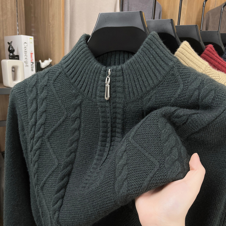 男士半高拉链立领针织毛衣绞花纹加厚保暖休闲毛衣