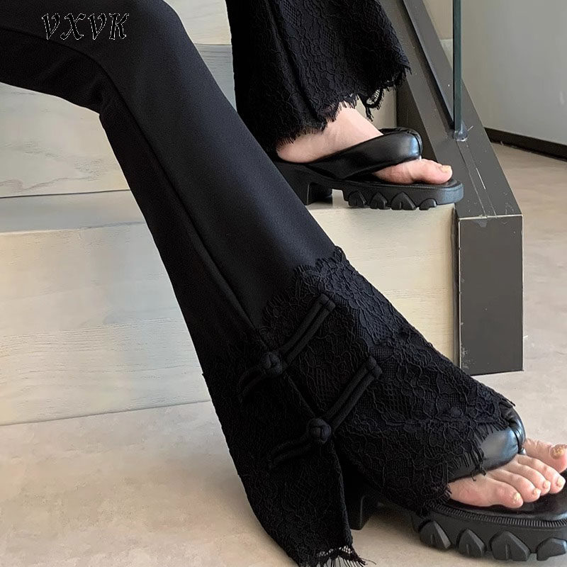 黑色西装微喇裤子女春夏高腰垂感新中式国风蕾丝花边拼接喇叭裤潮