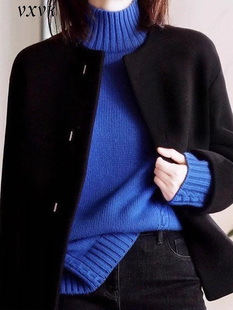 克莱因蓝半高领毛衣女2025春秋宽松慵懒针织打底衫宝蓝色内搭上衣