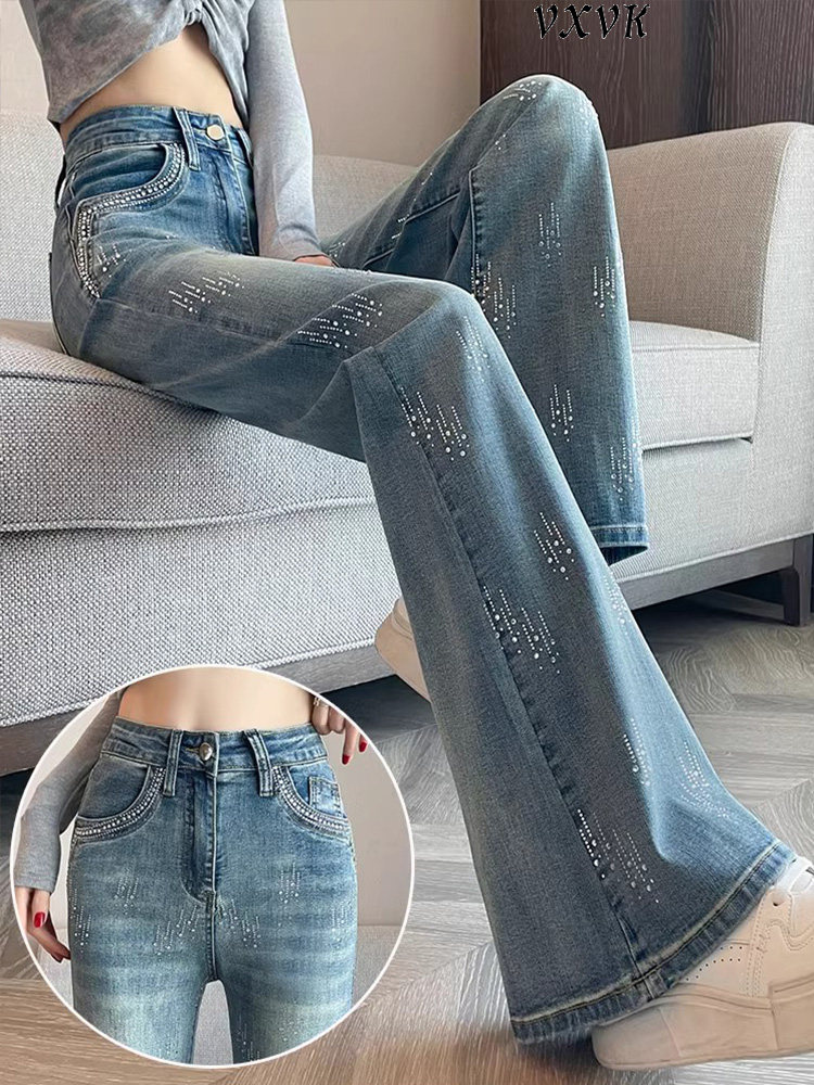 浅蓝色满天星烫钻微喇叭牛仔裤女2025秋冬高腰显瘦高端欧货马蹄裤