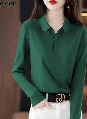 绿色翻领纯棉长袖t恤女2025年秋季大码POLO衫宽松内搭打底衫上衣